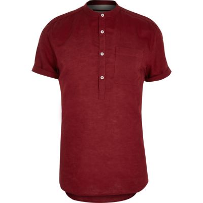 Red linen-rich grandad collar shirt